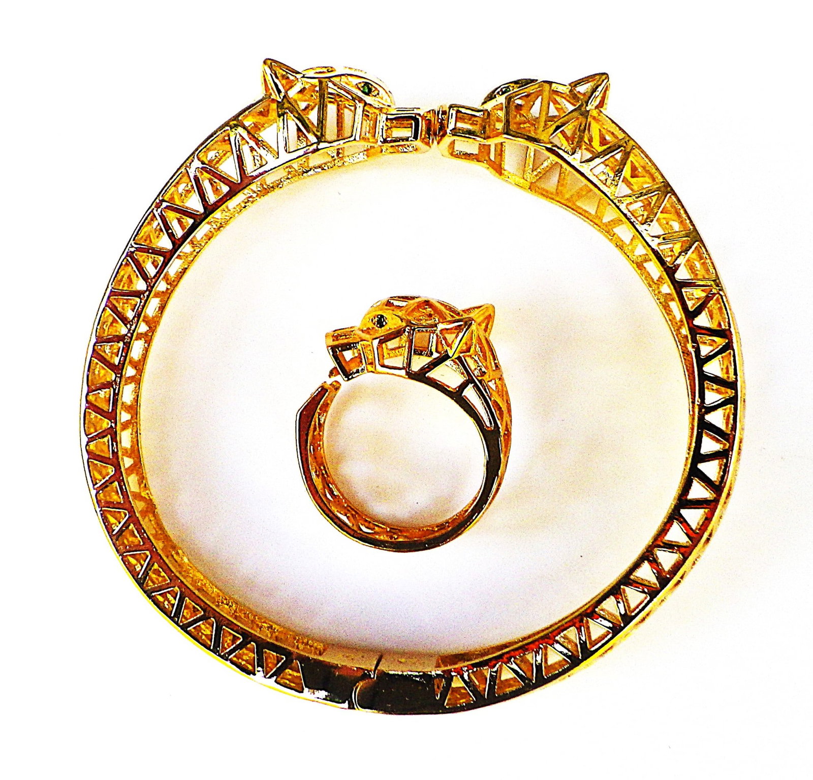 18K Gold Plated Designer Style Panther Skeleton Bangle & Ring Set: Title: 18K Gold Plated Designer Style Panther Skeleton Bangle & Ring Set Description: A top quality, lavishly 18 K yellow gold plated, designer style, PANTHER skeleton bracelet and ring set, in a