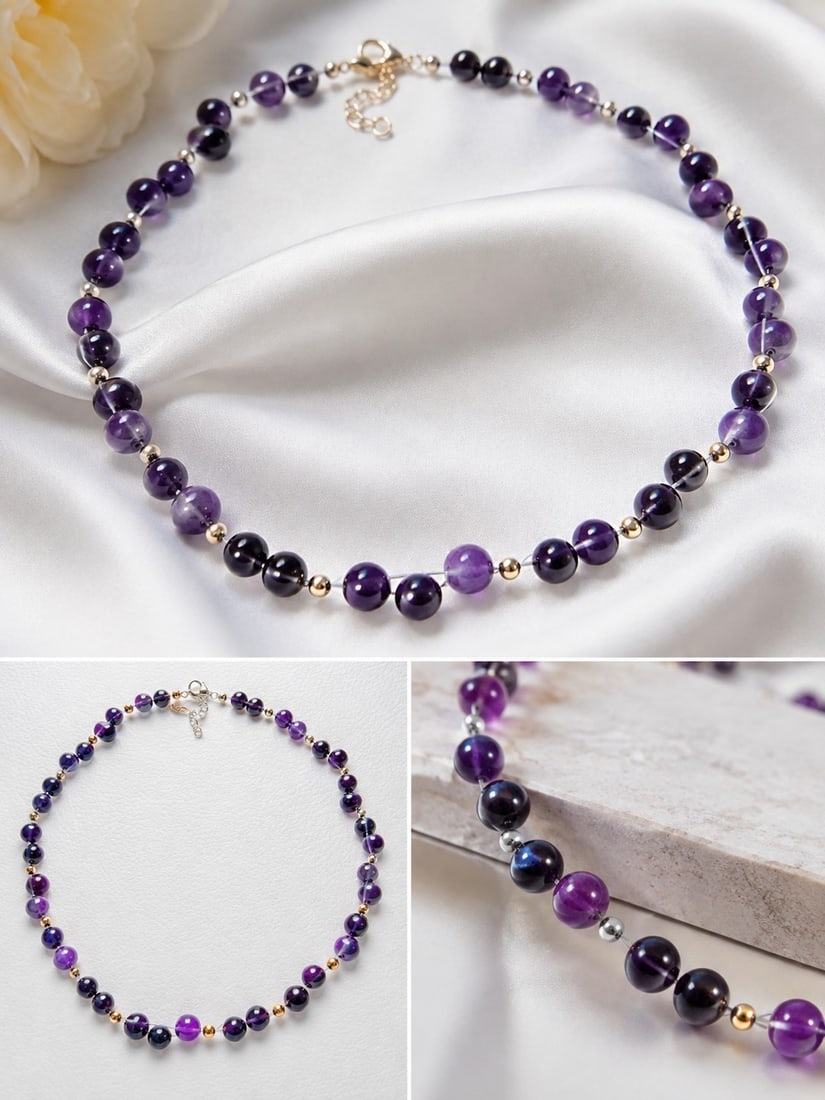 Amethyst Beaded Necklace with Gold Tone Accents: Title: Amethyst Beaded Necklace with Gold Tone Accents Description: Elegant beaded necklace featuring polished purple amethyst beads in varying natural shades, accented with small gold-tone spacer