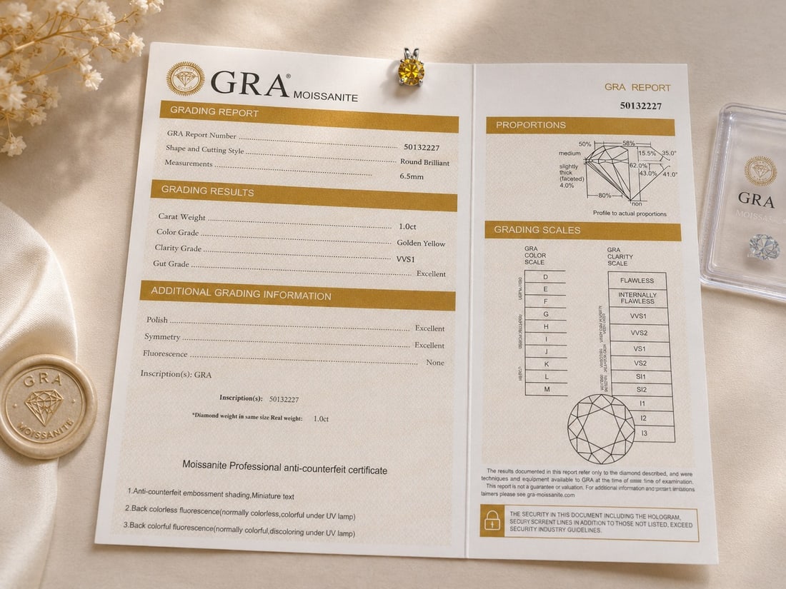 925 Sterling Silver Pendant with 1.0ct Golden Yellow Moissanite – GRA Certificat: Title: 925 Sterling Silver Pendant with 1.0ct Golden Yellow Moissanite – GRA Certificat Description: Elegant pendant crafted in 925 sterling silver and set with a 1.0ct round brilliant golden