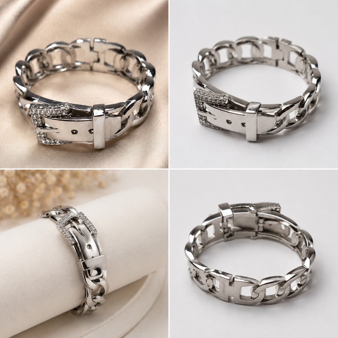 Silver-Tone Chain Bracelet with Sparkling Buckle: Title: Silver-Tone Chain Bracelet with Sparkling Buckle Description: Elegant silver-tone chain link bracelet featuring a decorative buckle-style centerpiece set with sparkling clear stones. The