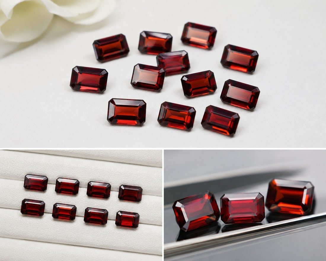 Natural Garnet Gemstones – 8.60 Carats Total – 6x4mm: Title: Natural Garnet Gemstones – 8.60 Carats Total – 6x4mm Description: Collection of natural garnet gemstones featuring a rich deep red colour and faceted rectangular cut. Each stone
