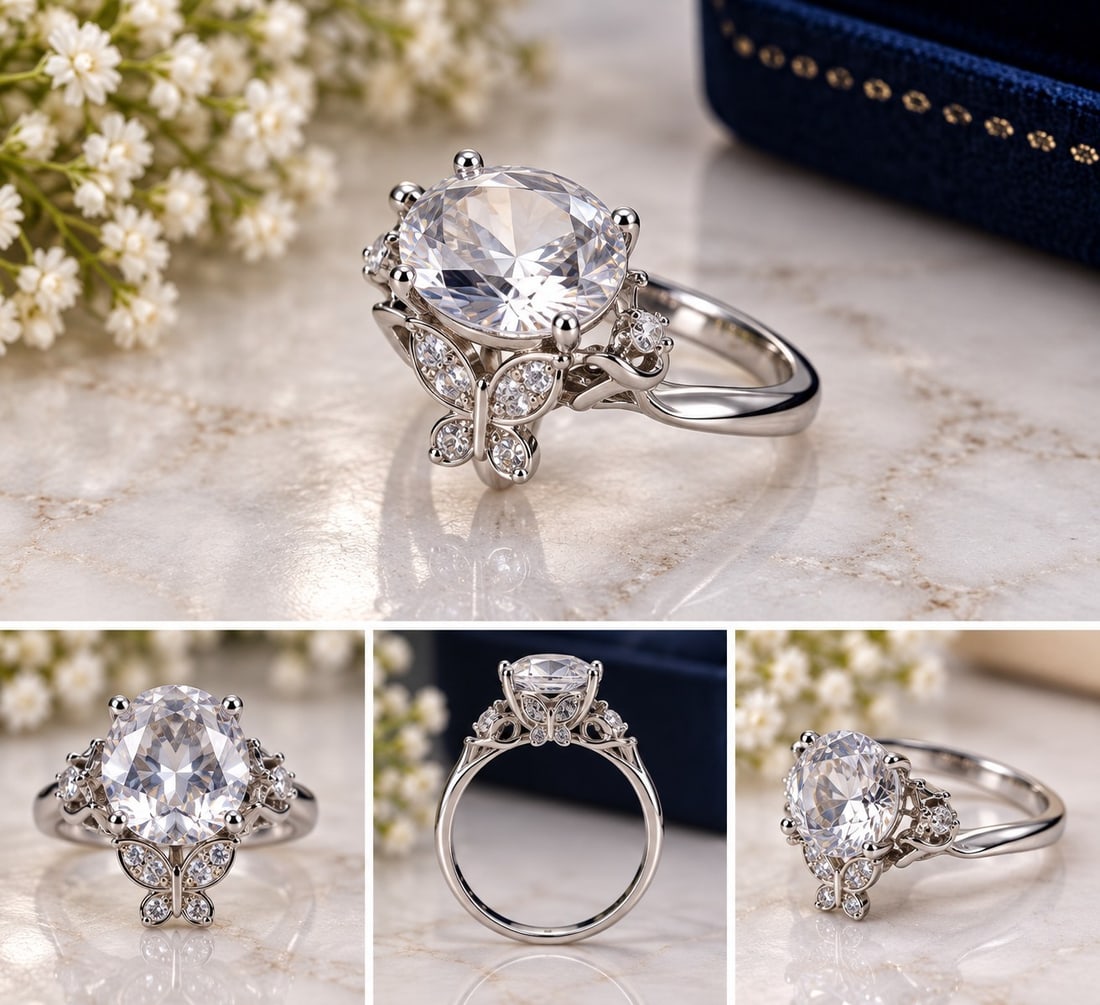 925 Sterling Silver Ring with Large Clear Oval Stone & Butterfly Design: Title: 925 Sterling Silver Ring with Large Clear Oval Stone & Butterfly Design Description: Elegant 925 sterling silver ring featuring a large faceted clear oval stone in a raised setting. The