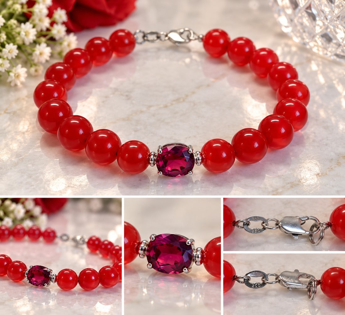 Red Beaded Bracelet with Round Deep Red Gemstone: Title: Red Beaded Bracelet with Round Deep Red Gemstone Description: Elegant bracelet featuring glossy red round beads with a faceted round deep red gemstone centerpiece. Finished with silver-plated
