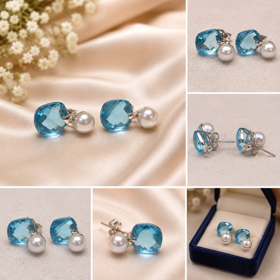 Natural Blue Topaz & Pearl Earrings: Title: Natural Blue Topaz & Pearl Earrings Description: Elegant pair of earrings featuring faceted natural blue topaz gemstones in a beautiful bright blue colour, complemented by lustrous white