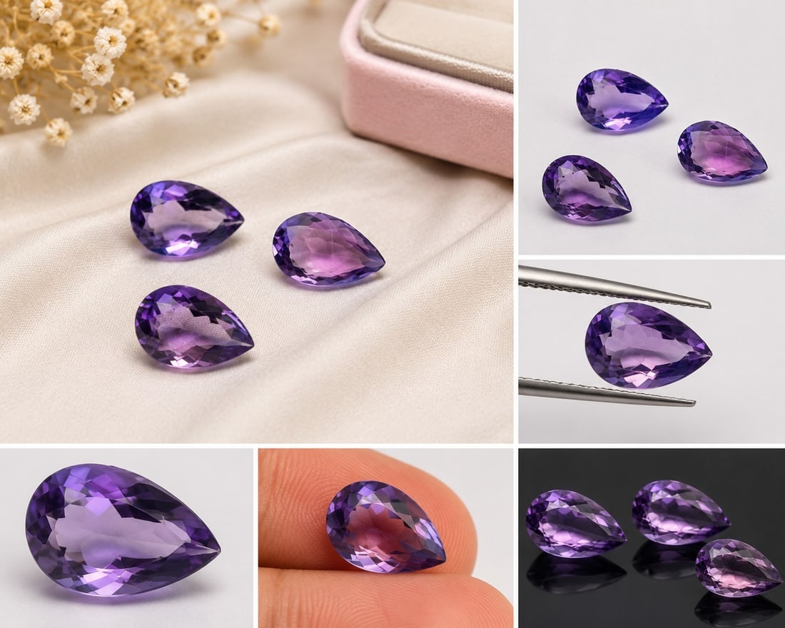 A beautiful set of three natural Amethyst gemstones, each featuring an elegant pear shape with a...: Title: A beautiful set of three natural Amethyst gemstones, each featuring an elegant pear shape with a fac Description: A beautiful set of three natural Amethyst gemstones, each featuring an elegant