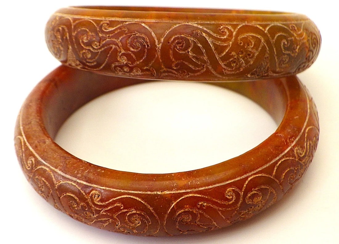Title: A Pair of Traditional Chinese Hand Carved Vintage Jade Bangles Description: A rare and - 2