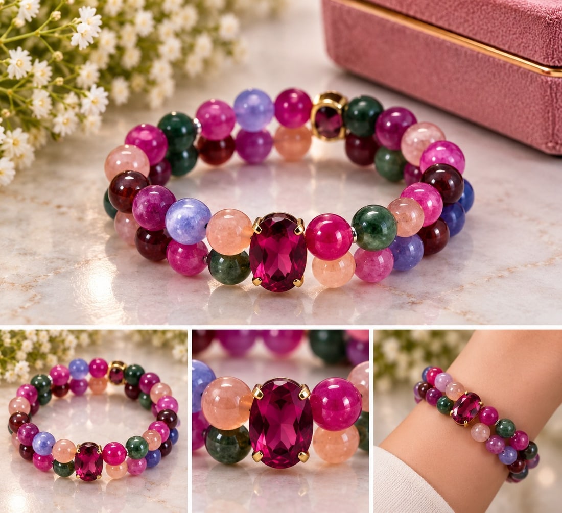 Multicolour Beaded Double Strand Bracelet with Red Faceted Centre Stone: Title: Multicolour Beaded Double Strand Bracelet with Red Faceted Centre Stone Description: A colourful double strand bracelet featuring polished round beads in shades of pink, green, purple, peach