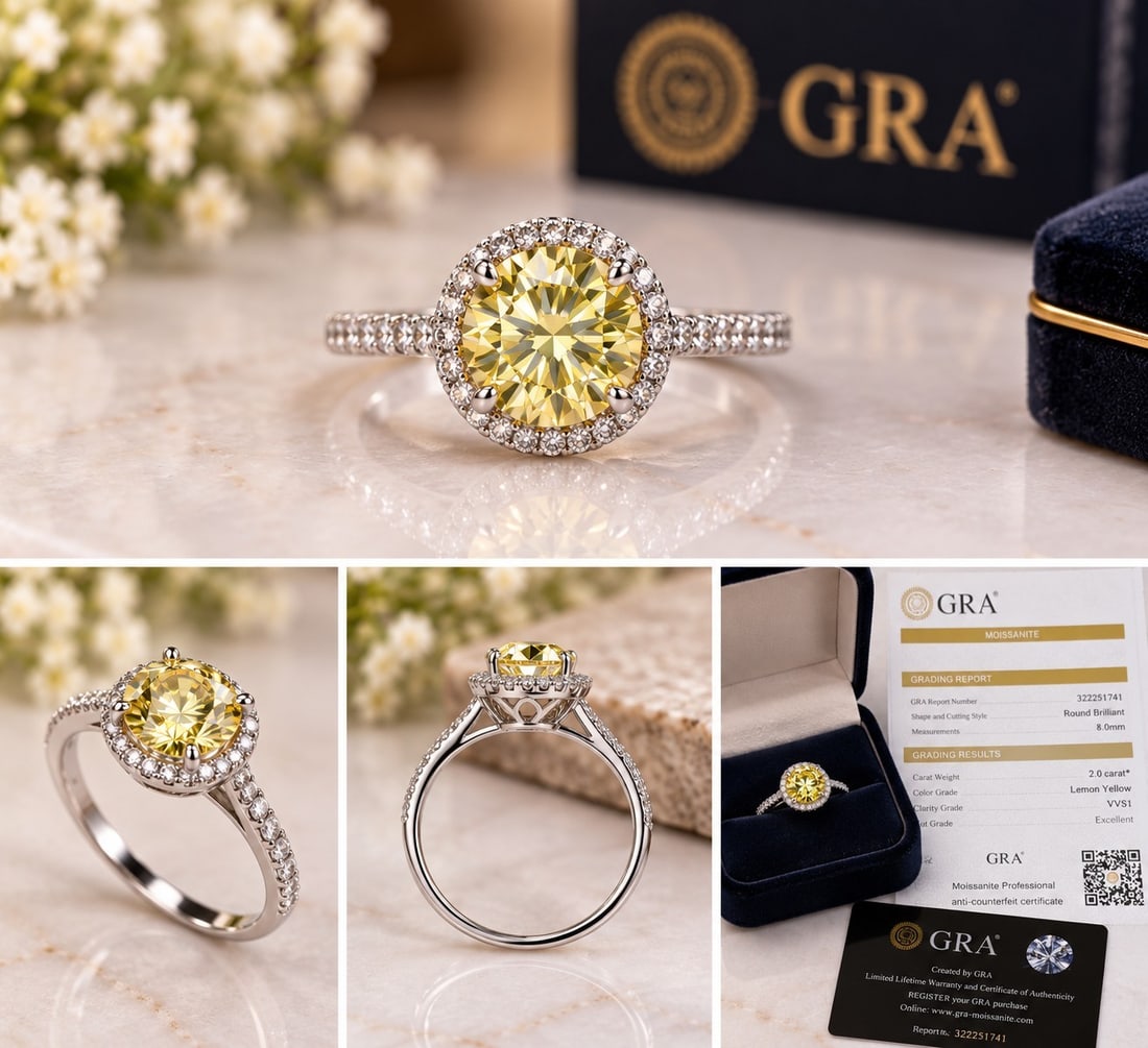 925 Sterling Silver Lemon Yellow Moissanite Ring – 2.0 Carat with GRA Certificate: Title: 925 Sterling Silver Lemon Yellow Moissanite Ring – 2.0 Carat with GRA Certificate Description: Elegant 925 sterling silver ring featuring a 2.0 carat, 8mm round brilliant lemon yellow