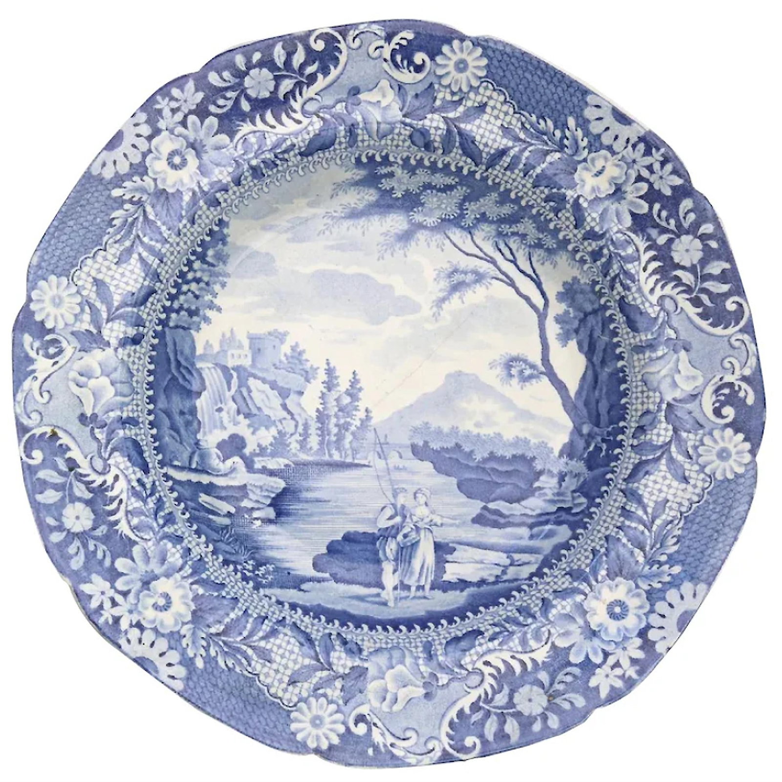 An Antique Georgian Yorkshire Brameld B&W Pottery Transferware Soup Plate C.1825: Title: An Antique Georgian Yorkshire Brameld B&W Pottery Transferware Soup Plate C.1825 Description: An antique Georgian transferware pottery Plate made by Brameld at the Rockingham Works,