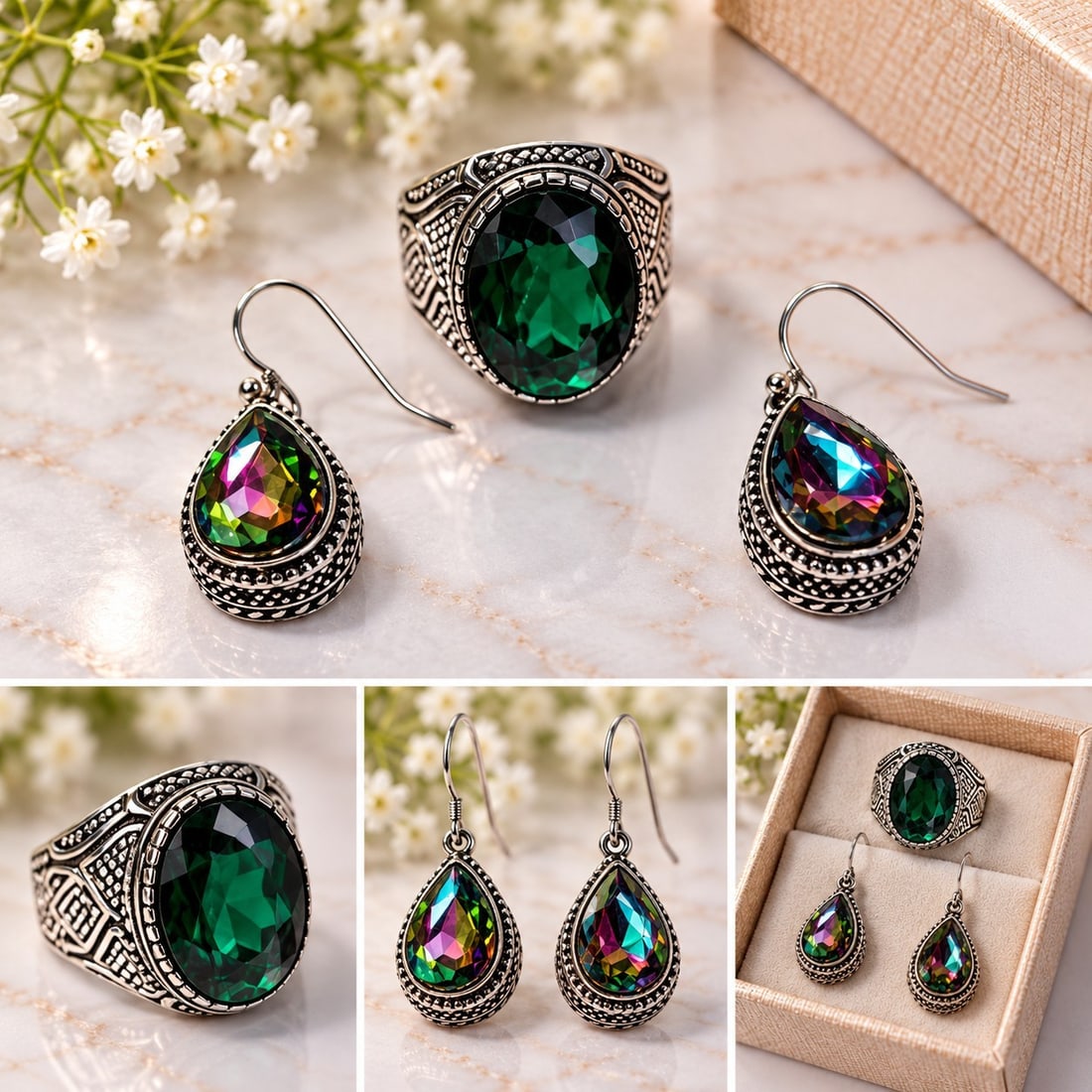 Green & Multicolour Stone Ring and Earrings Jewellery Set: Title: Green & Multicolour Stone Ring and Earrings Jewellery Set Description: Decorative jewellery set comprising one statement ring with a large faceted green stone and a pair of drop earrings