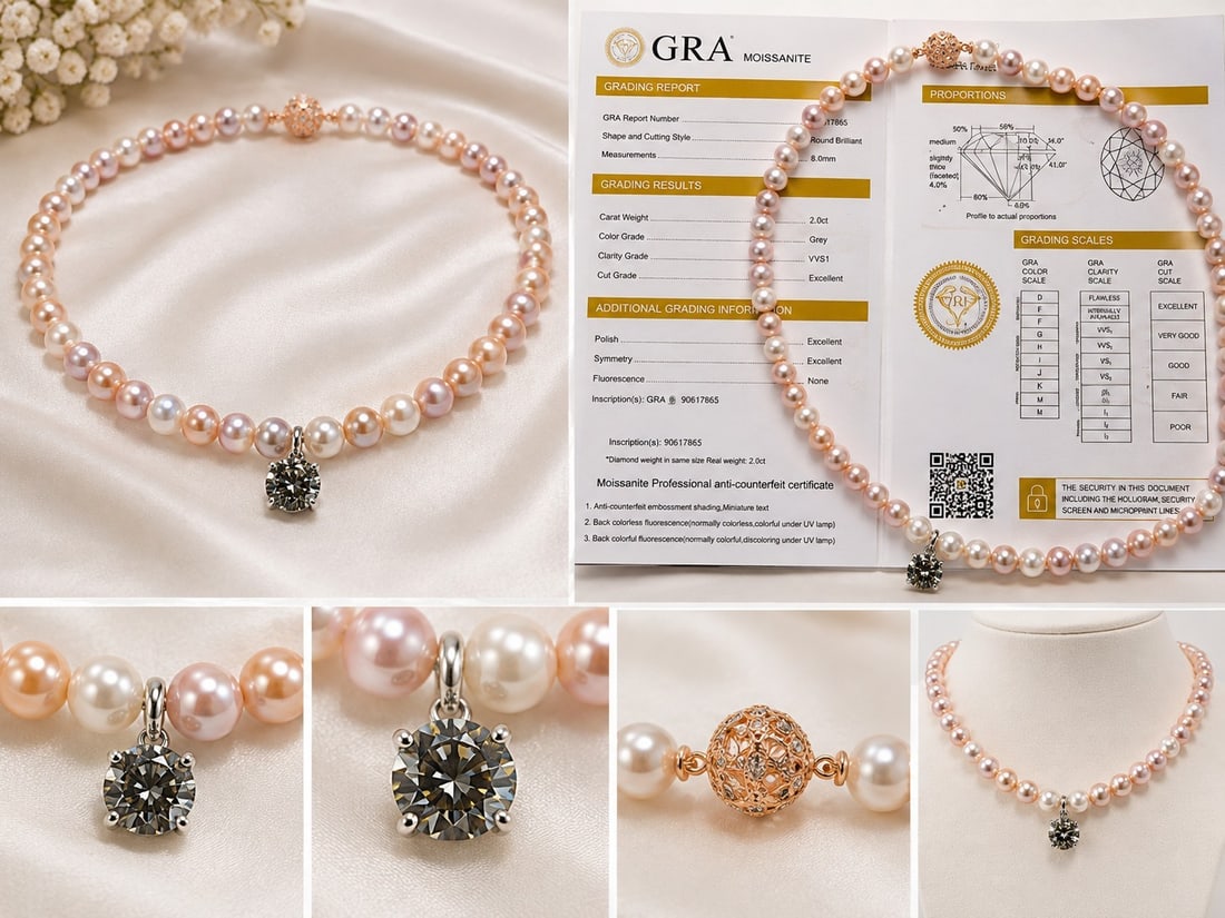 Pastel Shell Pearl Necklace 6mm with 2.00ct Grey Moissanite – GRA Certificate: Title: Pastel Shell Pearl Necklace 6mm with 2.00ct Grey Moissanite – GRA Certificate Description: Elegant necklace made with 6mm mixed-colour shell pearls, featuring a 2.00ct Grey Moissanite