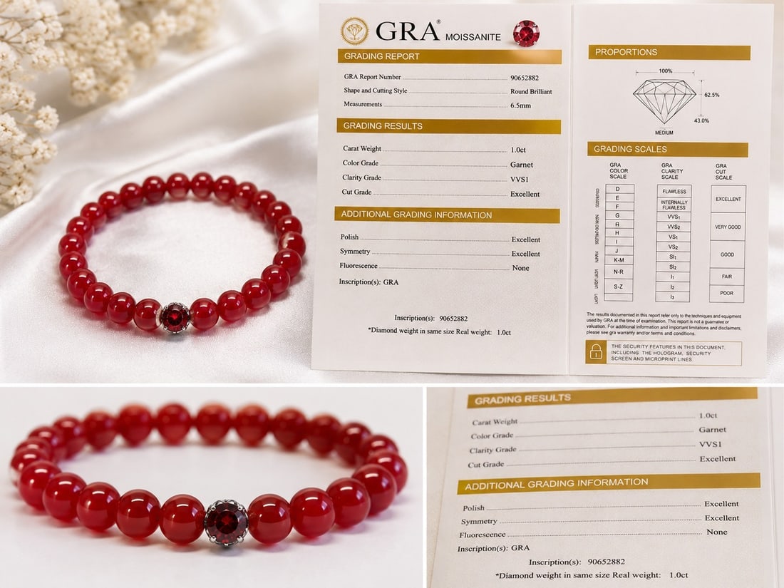 Red Beaded Bracelet with 1.00ct Garnet Color Moissanite – GRA Certificate: Title: Red Beaded Bracelet with 1.00ct Garnet Color Moissanite – GRA Certificate Description: Elegant red beaded elastic bracelet featuring a 1.00ct round brilliant moissanite centerpiece in