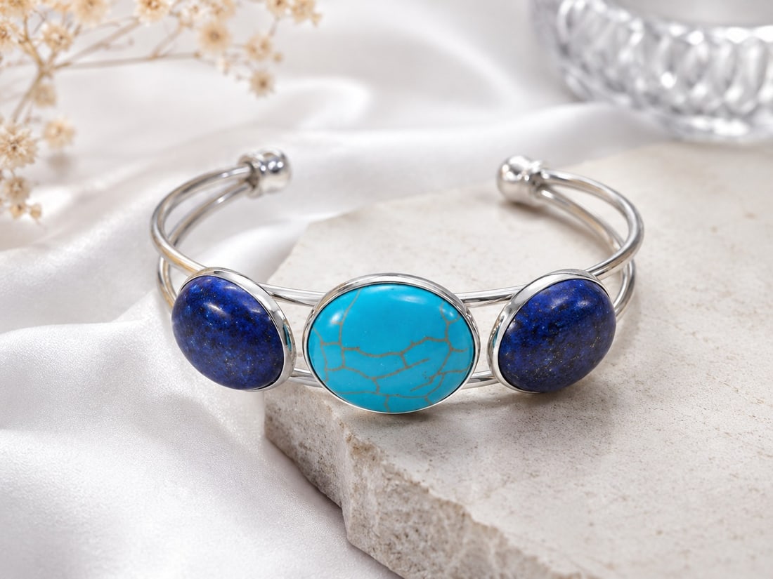 Turquoise and Lapis Lazuli Cuff Bracelet: Title: Turquoise and Lapis Lazuli Cuff Bracelet Description: Silver-tone open cuff bracelet featuring a turquoise-colour centre stone with two deep blue lapis lazuli stones on each side. Elegant