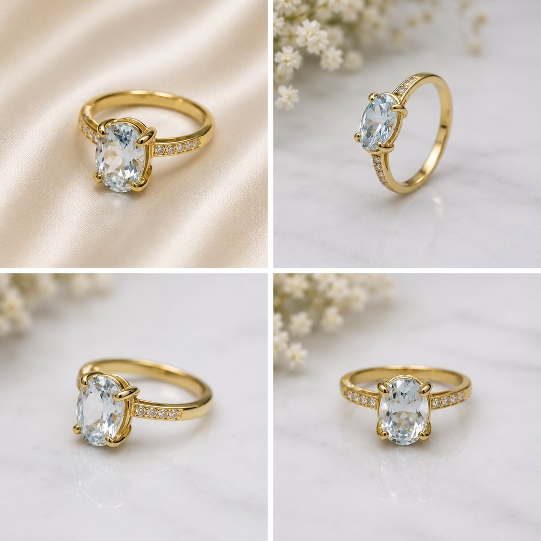 Natural Blue Topaz Oval Cut Gold Tone Ring: Title: Natural Blue Topaz Oval Cut Gold Tone Ring Description: Elegant gold-tone ring featuring a natural oval-cut Blue Topaz as the centre stone, complemented by sparkling accent stones along the