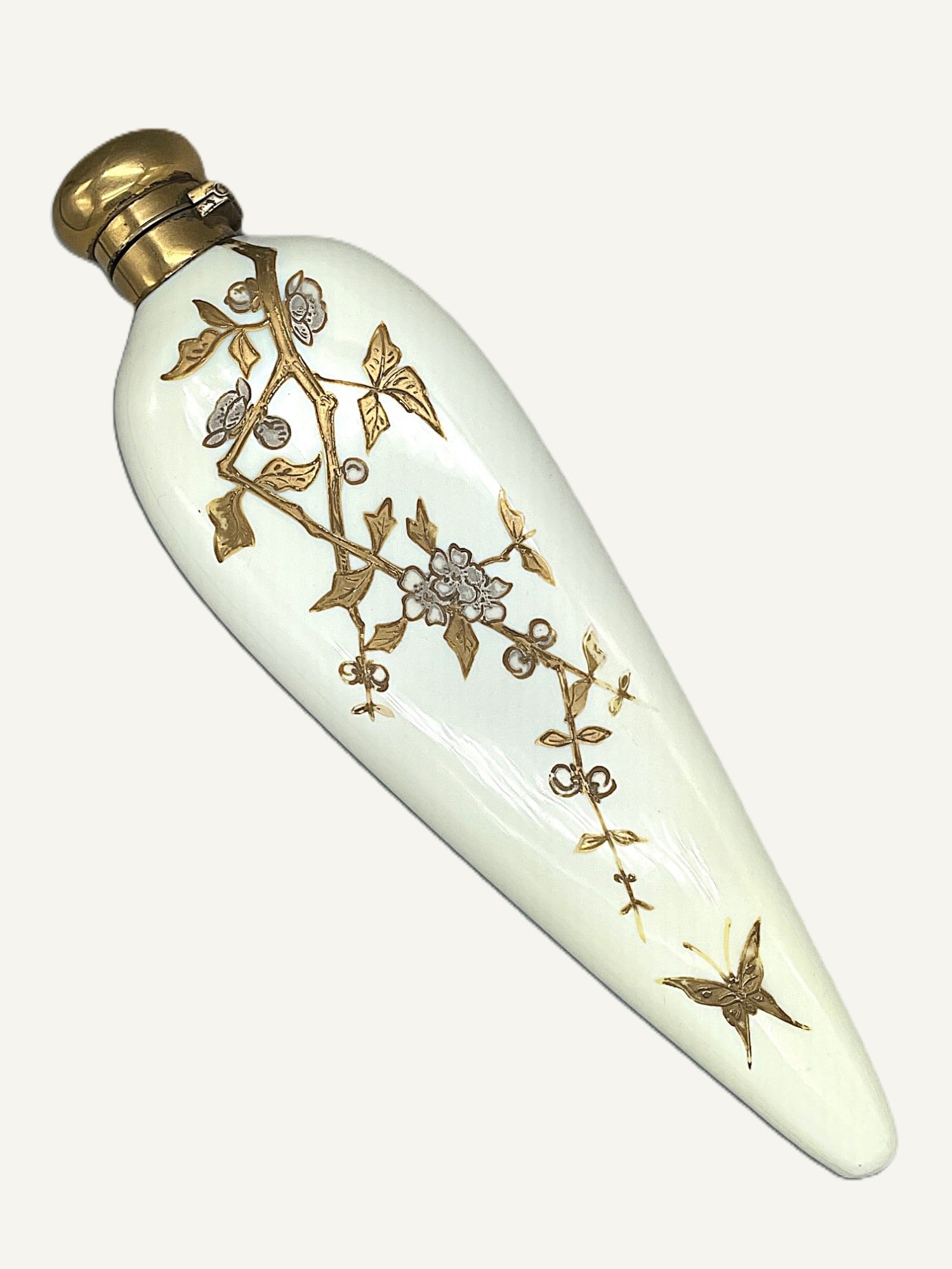 Large Tear Drop Custard Glass Scent Bottle: Title: Large Tear Drop Custard Glass Scent Bottle Description: Large teardrop custard / uranium glass scent bottle with unmarked gilt cap. The front of the bottle is decorated in the aesthetic