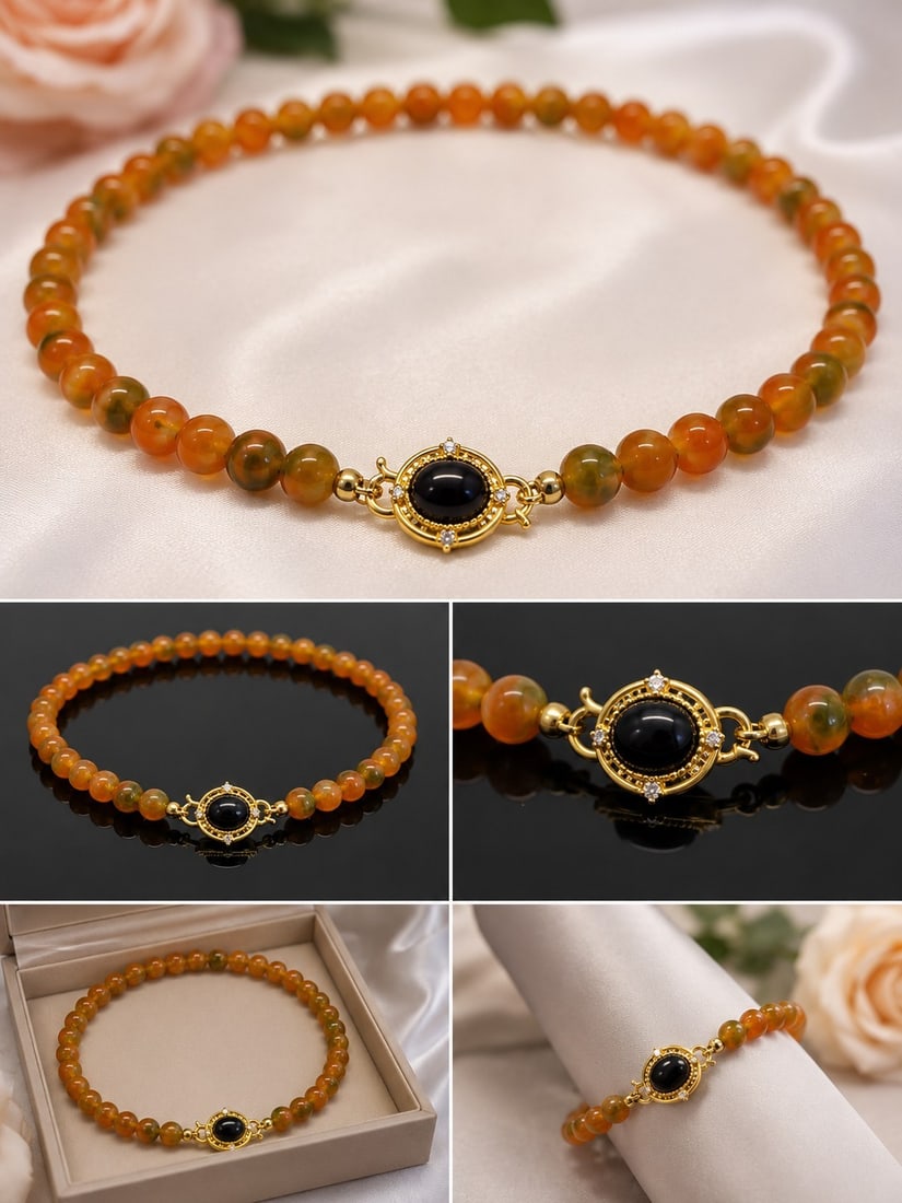 Orange & Green Beaded Necklace with Decorative Black Stone Clasp: Title: Orange & Green Beaded Necklace with Decorative Black Stone Clasp Description: Elegant necklace featuring glossy round beads in warm orange and green tones, finished with an ornate