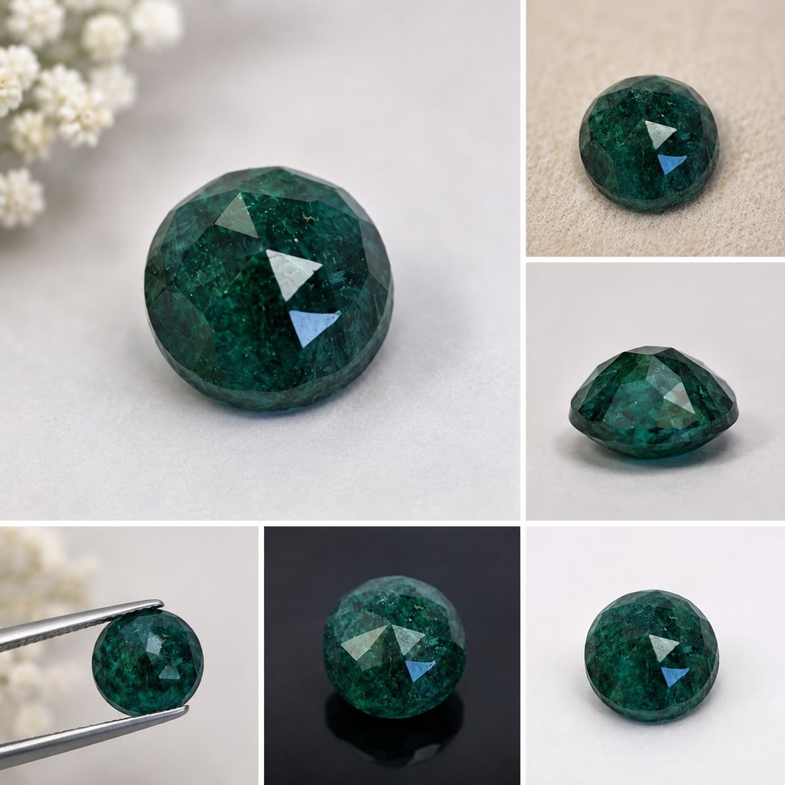 Treated Emerald 2.47ct Round Rose Cut Loose Gemstone: Title: Treated Emerald 2.47ct Round Rose Cut Loose Gemstone Description: Treated emerald weighing 2.47 carats, featuring a round shape with traditional rose-cut faceting and a rich green colour.