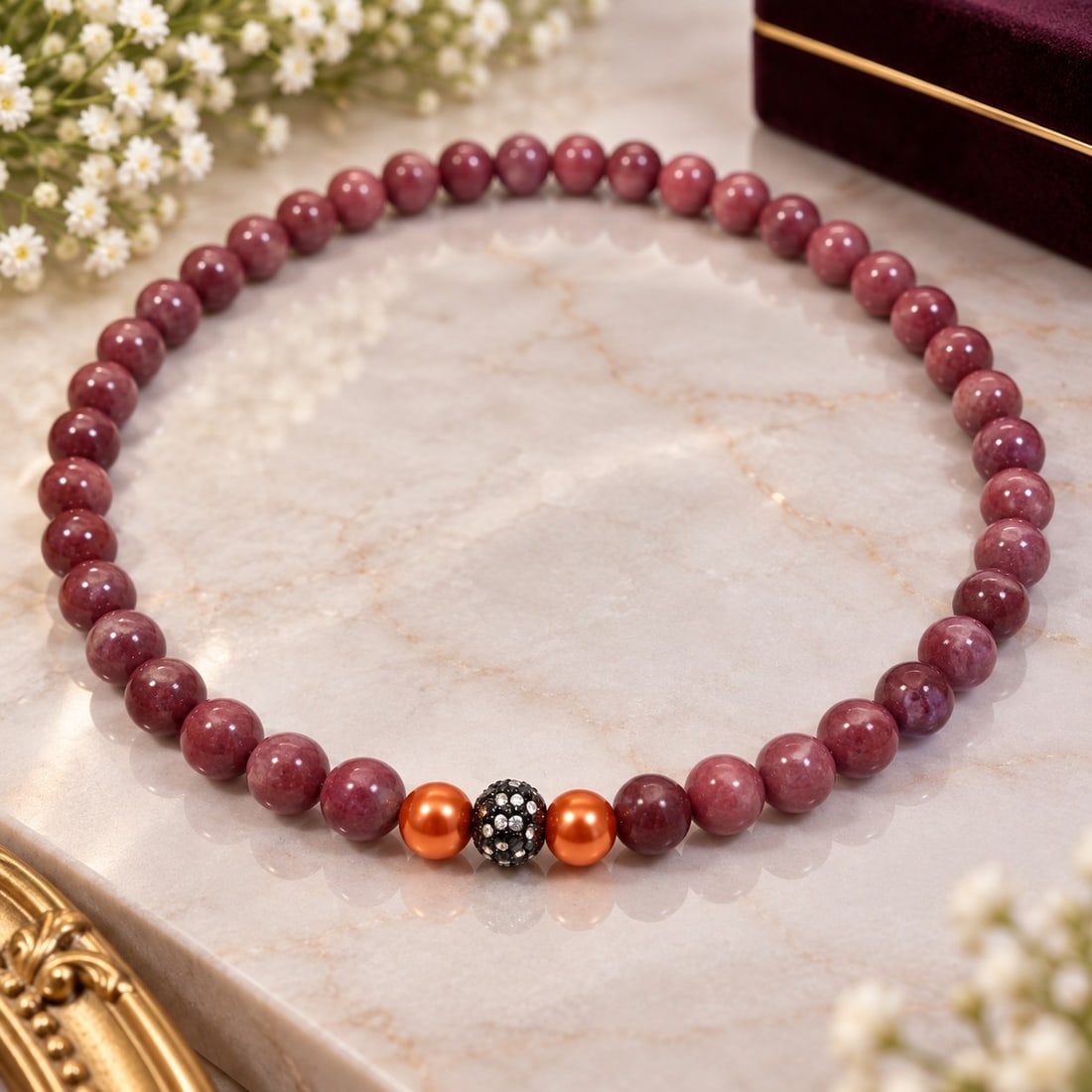 Pink Gemstone Beaded Necklace with Orange Pearl Accents: Title: Pink Gemstone Beaded Necklace with Orange Pearl Accents Description: Elegant necklace featuring polished round pink gemstone beads, accented with two lustrous orange pearl beads and a