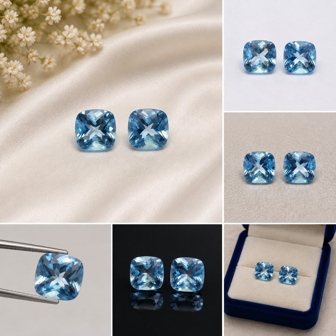 Pair of Natural Blue Topaz 8x8mm 5.25ct Total: Title: Pair of Natural Blue Topaz 8x8mm 5.25ct Total Description: Matching pair of natural blue topaz gemstones, cushion cut and beautifully faceted. Each stone measures approximately 8x8mm. Total