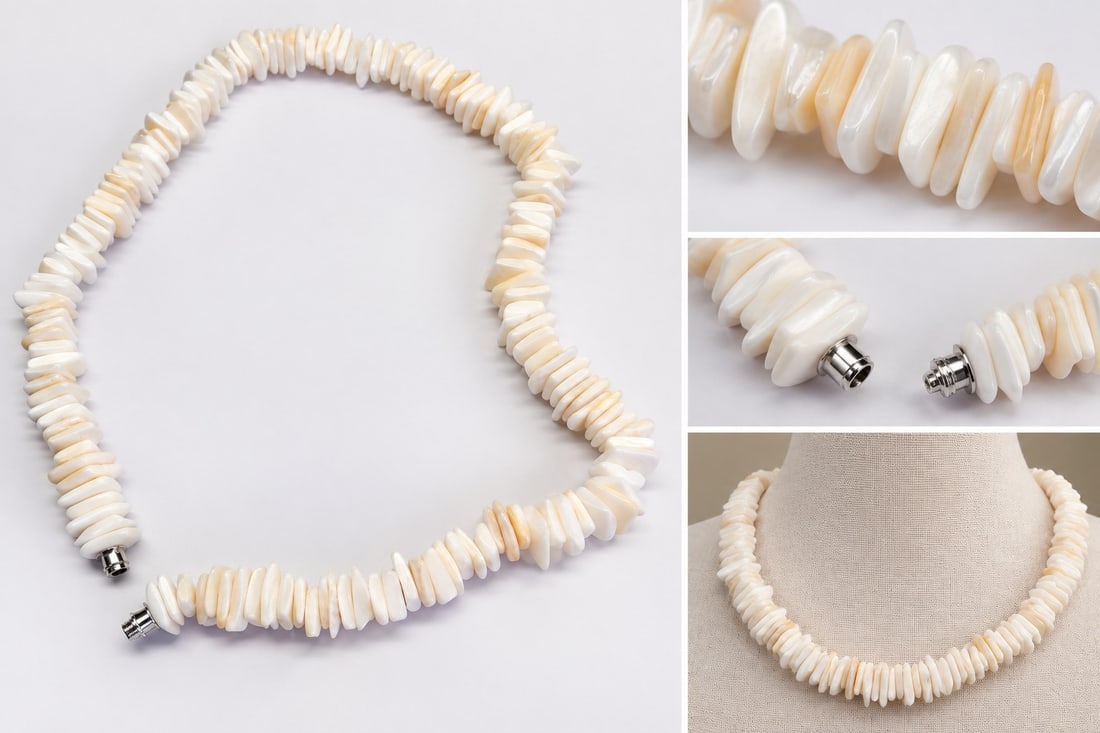 White Natural Shell Chip Necklace: Title: White Natural Shell Chip Necklace Description: Attractive necklace made with irregular white natural shell chips, displaying soft ivory and creamy tones with a natural lustrous finish. T