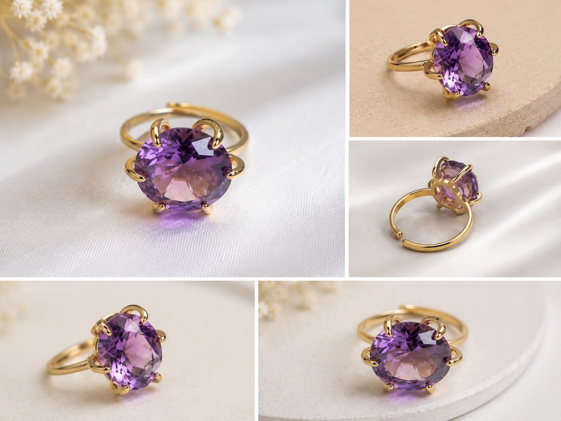 13ct Alexandrite Ring – Gold Tone Setting: Title: 13ct Alexandrite Ring – Gold Tone Setting Description: Striking statement ring featuring a large 13 carat faceted alexandrite gemstone, displaying attractive purple and violet tones. The