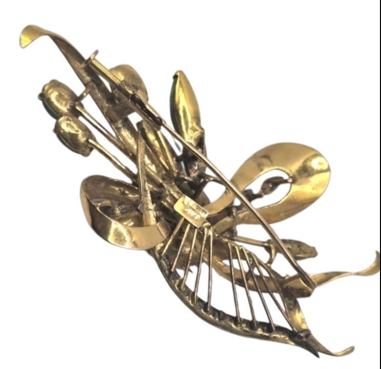 Brooch - 14 kt. Yellow Gold, Antique Yellow Gold and Green Jadeite Jade Leaf & Flower Brooch - 5