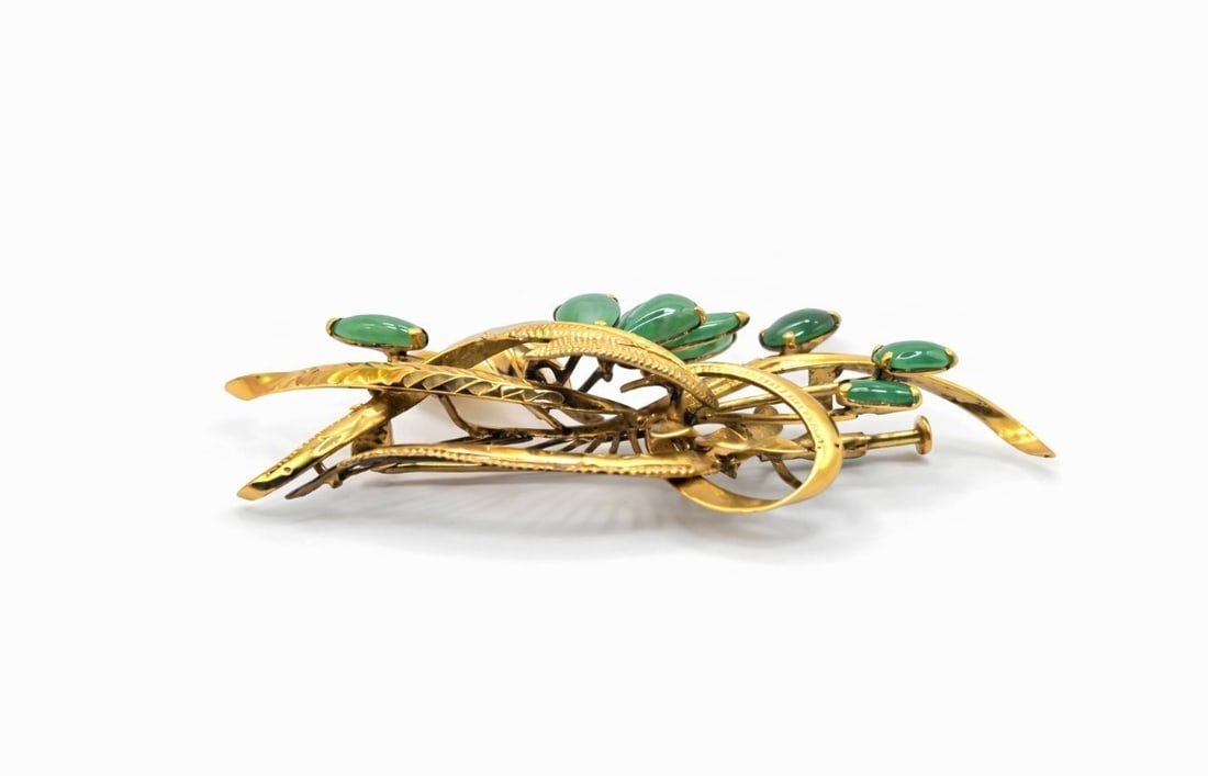 Brooch - 14 kt. Yellow Gold, Antique Yellow Gold and Green Jadeite Jade Leaf & Flower Brooch - 7