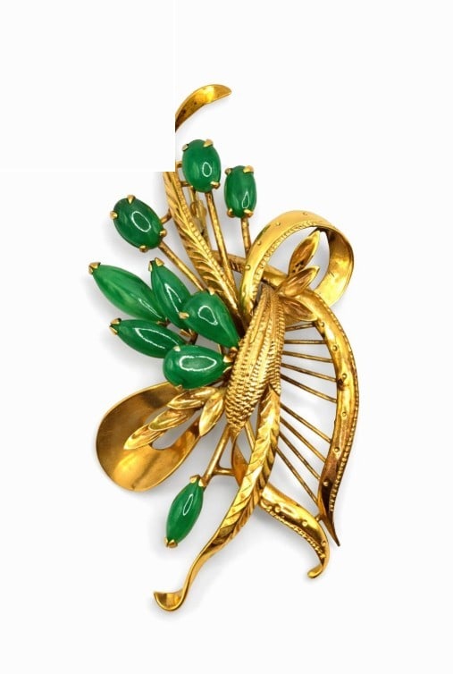 Brooch - 14 kt. Yellow Gold, Antique Yellow Gold and Green Jadeite Jade Leaf & Flower Brooch - 8