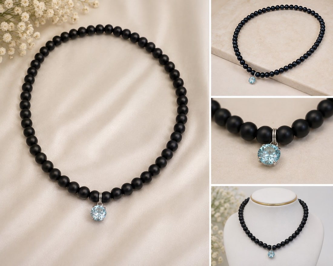 Black Bead Necklace with 9mm Natural Blue Topaz Pendant: Title: Black Bead Necklace with 9mm Natural Blue Topaz Pendant Description: Attractive necklace featuring smooth matte black beads with a sparkling natural blue topaz pendant. The round faceted blue