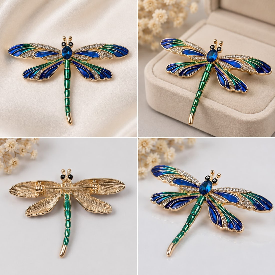 Dragonfly Brooch Blue Green Enamel Gold Tone: Title: Dragonfly Brooch Blue Green Enamel Gold Tone Description: Decorative dragonfly brooch featuring blue and green enamel wings with sparkling clear stone accents and a faceted blue centre stone