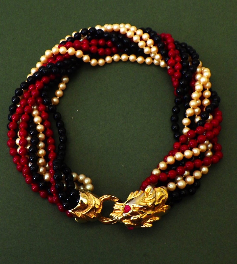 Vintage Multi-strand Choker Necklace With Jaguar Clasp: Title: Vintage Multi-strand Choker Necklace With Jaguar Clasp Description: A vintage, French designer style choker necklace with an impressive, large gold-plated jaguar clasp with ruby eyes. 