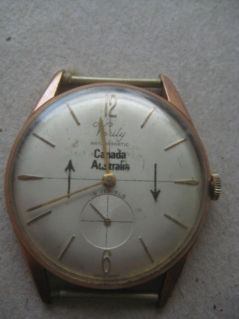 Vintage Gents Verity Canada Australia Engraved Wrist Watch: Title: Vintage Gents Verity Canada Australia Engraved Wrist Watch Description: Vintage Gents Verity Anti Magnetic Canada Australia 15 Jewels Wrist Watch. The watch dates to around 1950.