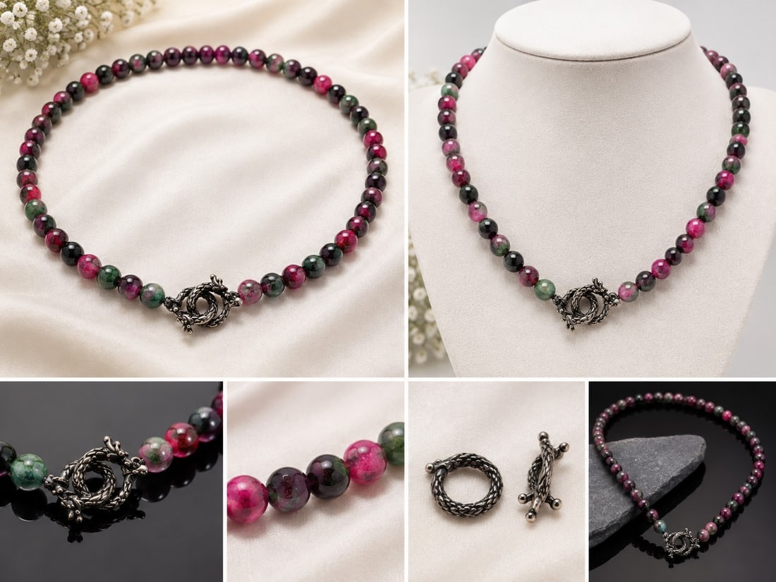 Multicolour Gemstone Beaded Necklace with Dragon Clasp (1 of 1)