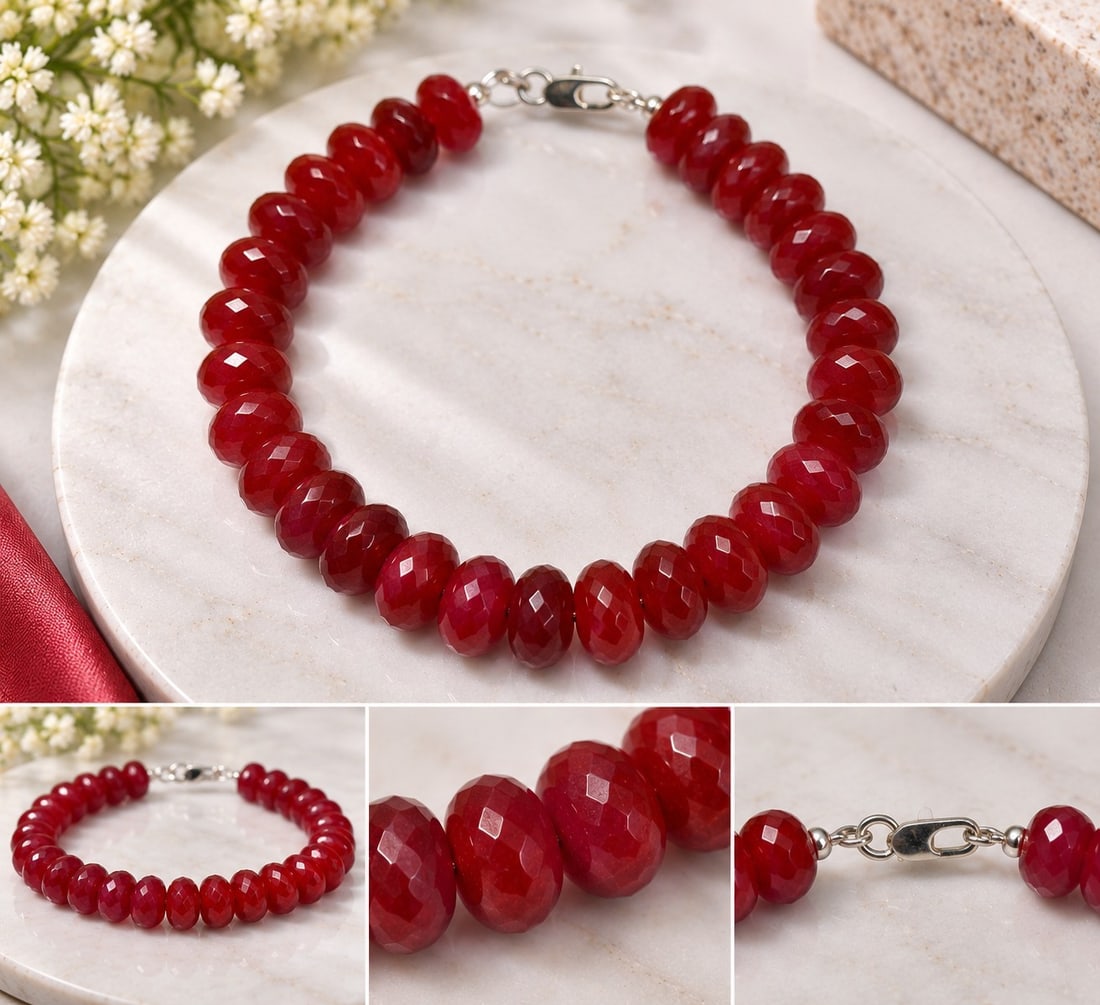 Red Faceted Bead Bracelet with Silver-Tone Clasp: Title: Red Faceted Bead Bracelet with Silver-Tone Clasp Description: Elegant bracelet featuring rich red faceted rondelle beads with a polished finish and beautiful depth of colour. Finished with a