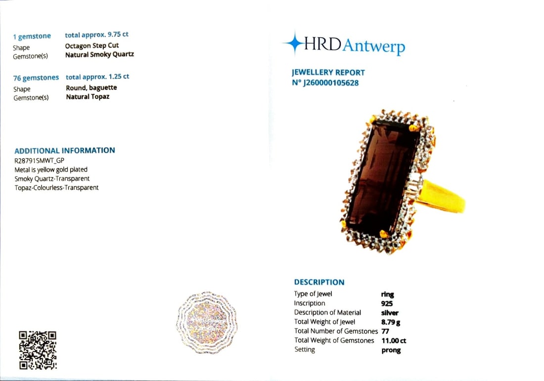 HRD Certified Smoky Quartz & White Topaz Ring – 925 Sterling Silver - 2