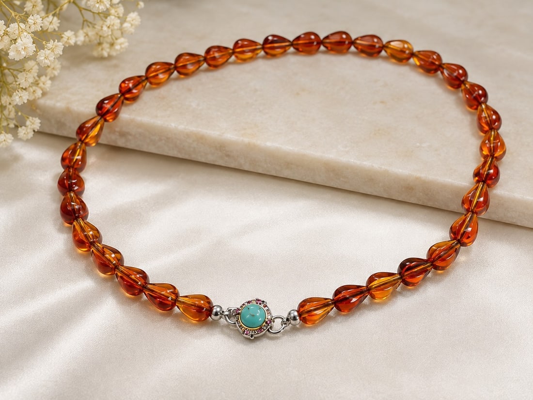 Amber-Colour Teardrop Bead Necklace – Elasticated: Title: Amber-Colour Teardrop Bead Necklace – Elasticated Description: Attractive necklace featuring translucent amber-colour teardrop beads with warm orange and honey tones. The beads are