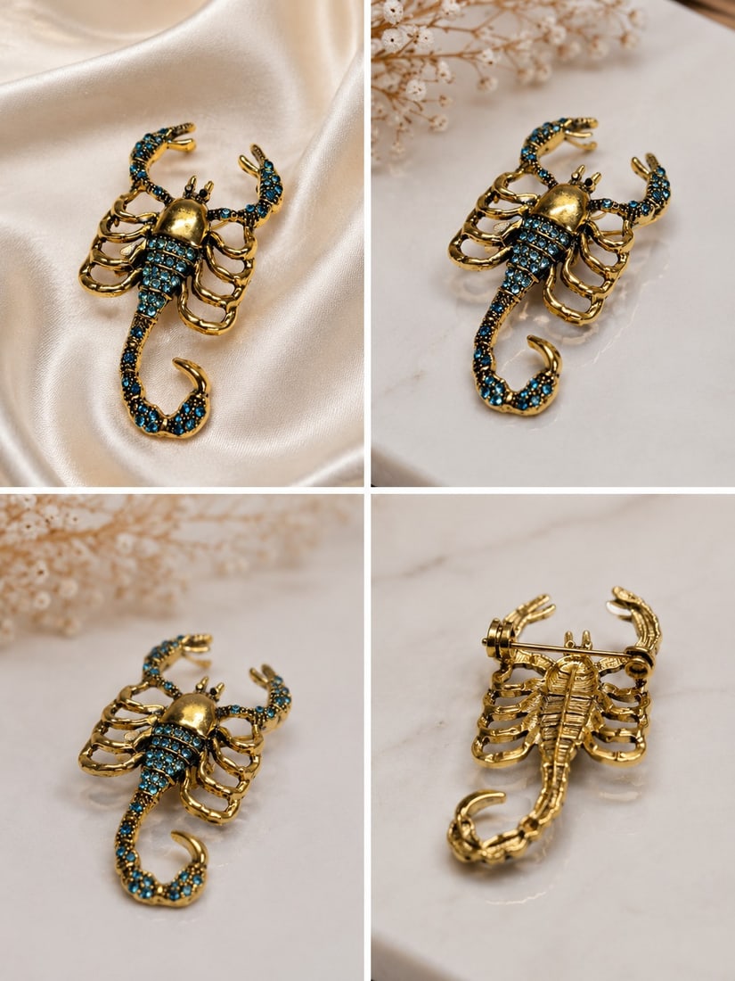 Gold-Tone Scorpion Brooch with Blue Crystal Accents: Title: Gold-Tone Scorpion Brooch with Blue Crystal Accents Description: Eye-catching scorpion-shaped brooch in a gold-tone finish, decorated with sparkling blue crystals along the claws, body and