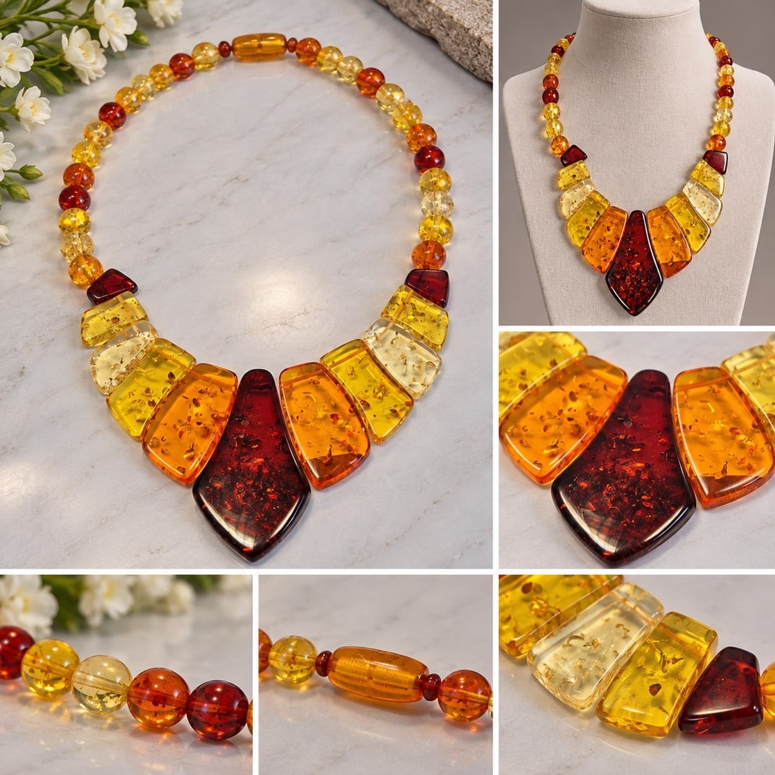 Multicolour Amber Style Statement Necklace: Title: Multicolour Amber Style Statement Necklace Description: Striking statement necklace featuring translucent beads and graduated geometric drops in rich yellow, honey, orange and deep red tones.