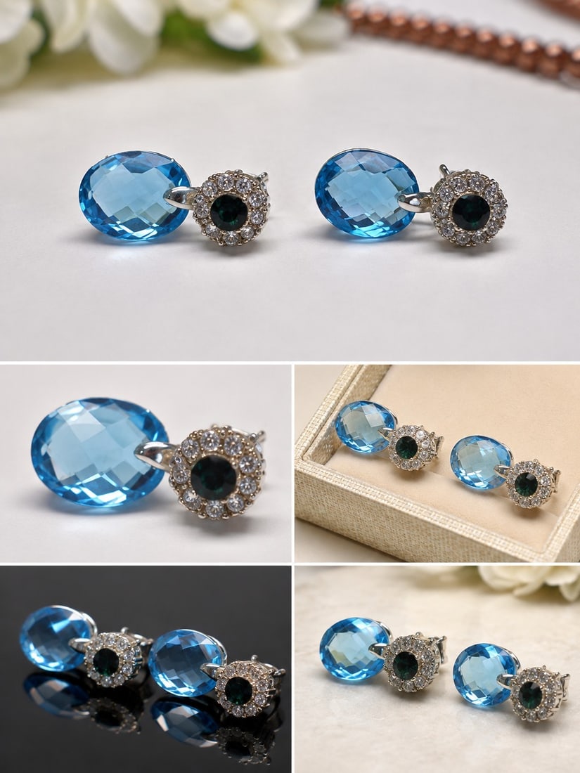 Blue & Green Gemstone Drop Earrings: Title: Blue & Green Gemstone Drop Earrings Description: Elegant pair of drop earrings featuring large faceted sky-blue oval stones, complemented by deep green round stones surrounded by sparkling