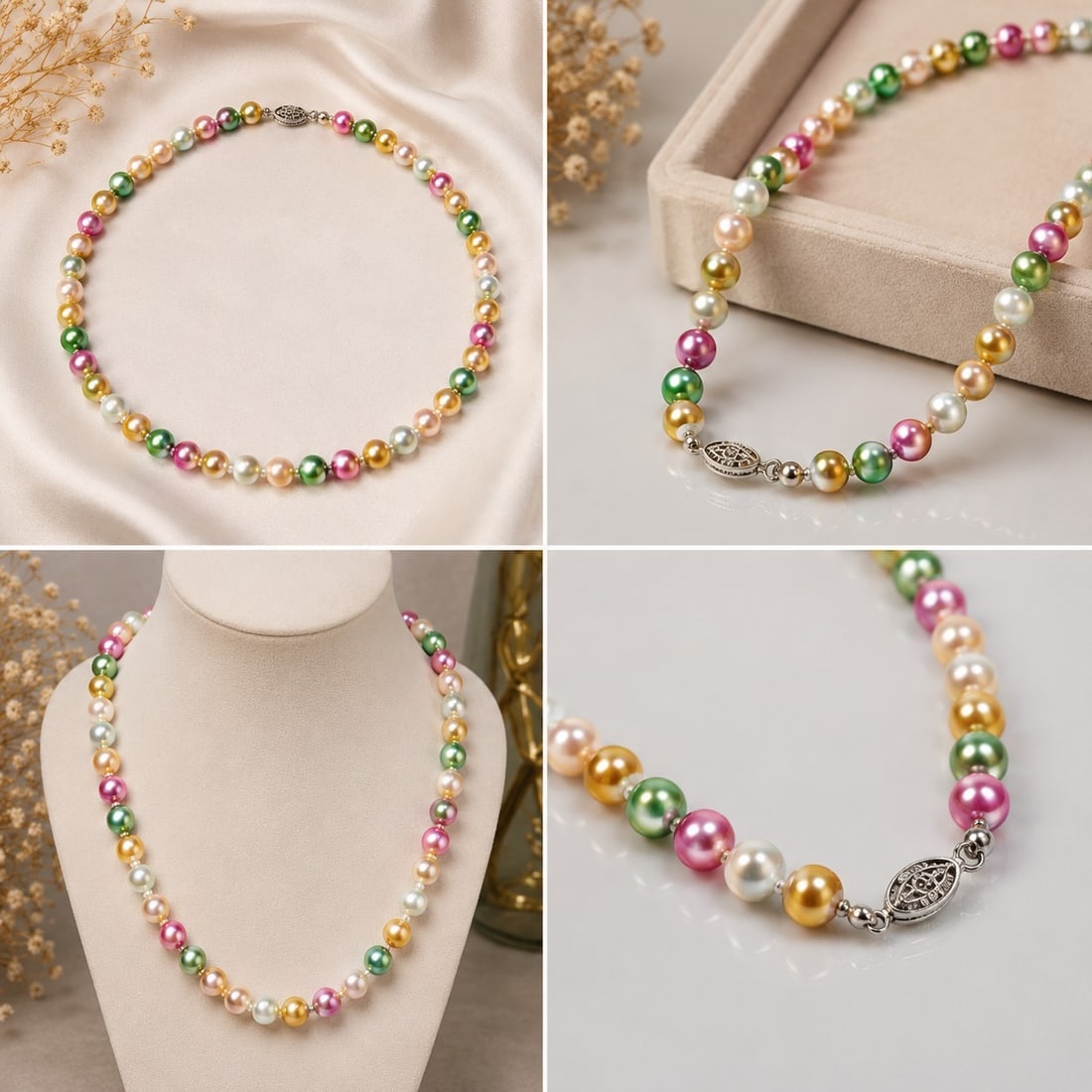 Multicolour Pearl Bead Necklace – 8mm: Title: Multicolour Pearl Bead Necklace – 8mm Description: Elegant necklace made with 8mm round pearl-style beads in a beautiful mix of pink, green, gold and ivory colours. The beads have a