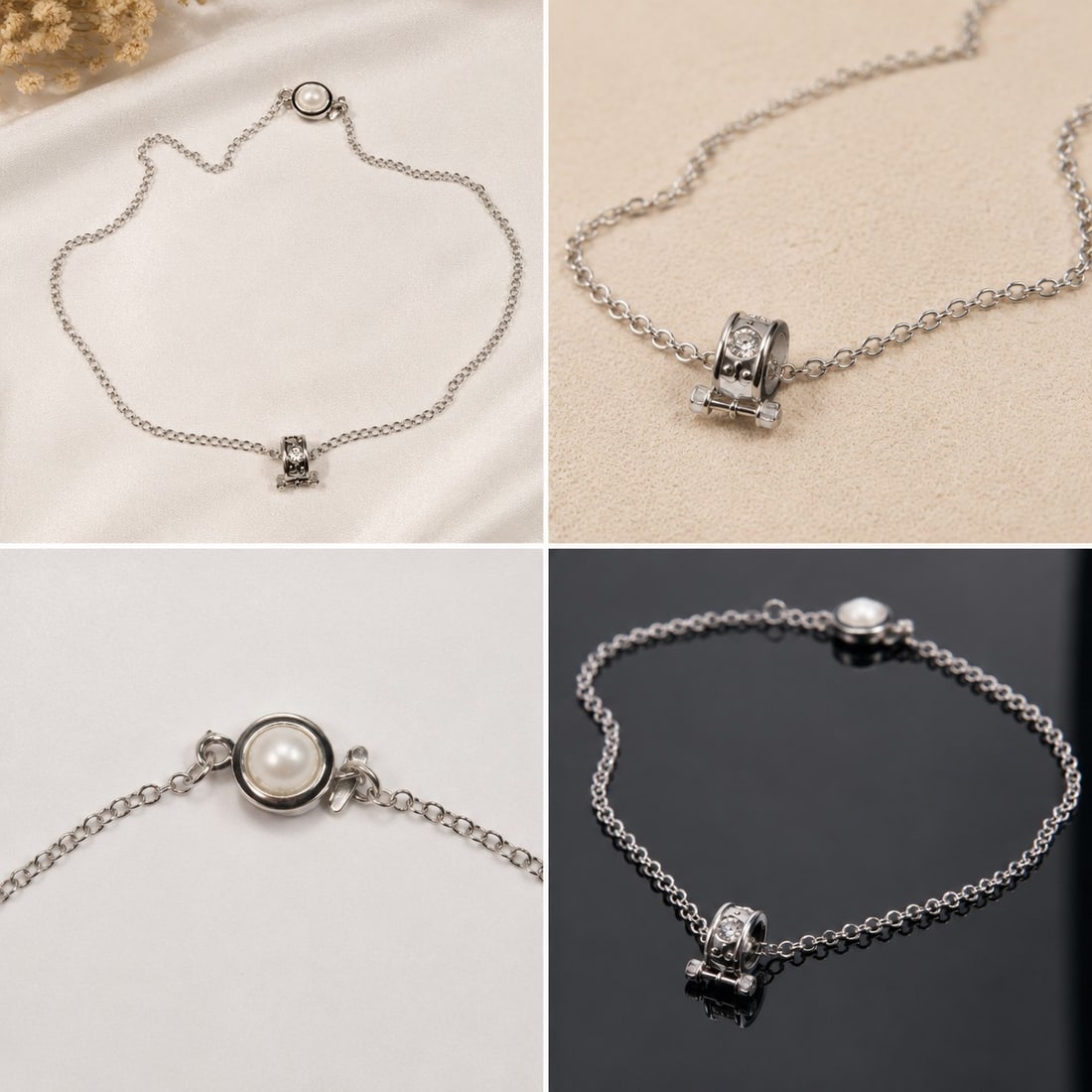 Silver-Tone Chain Necklace with Pearl-Style Detail: Title: Silver-Tone Chain Necklace with Pearl-Style Detail Description: Elegant silver-tone chain necklace featuring a decorative centerpiece with a sparkling clear stone and a round pearl-style