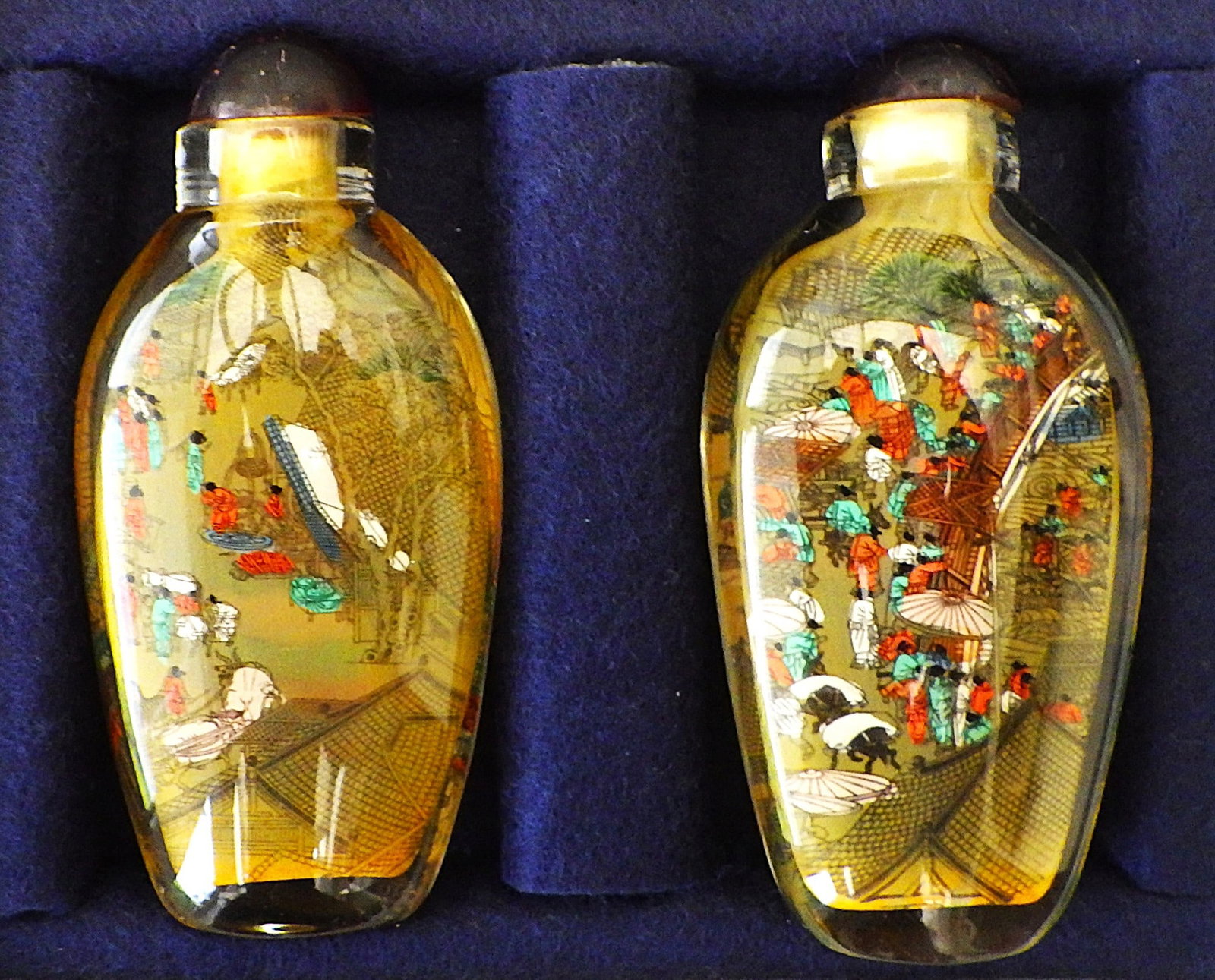 Two Old Peking Glass Hand Painted Snuff Bottles: Title: Two Old Peking Glass Hand Painted Snuff Bottles Description: Two Peking glass snuff bottles with fine drawings on the inside of the OLD BUND – SHANGHAI, depicting the Old Customs House,
