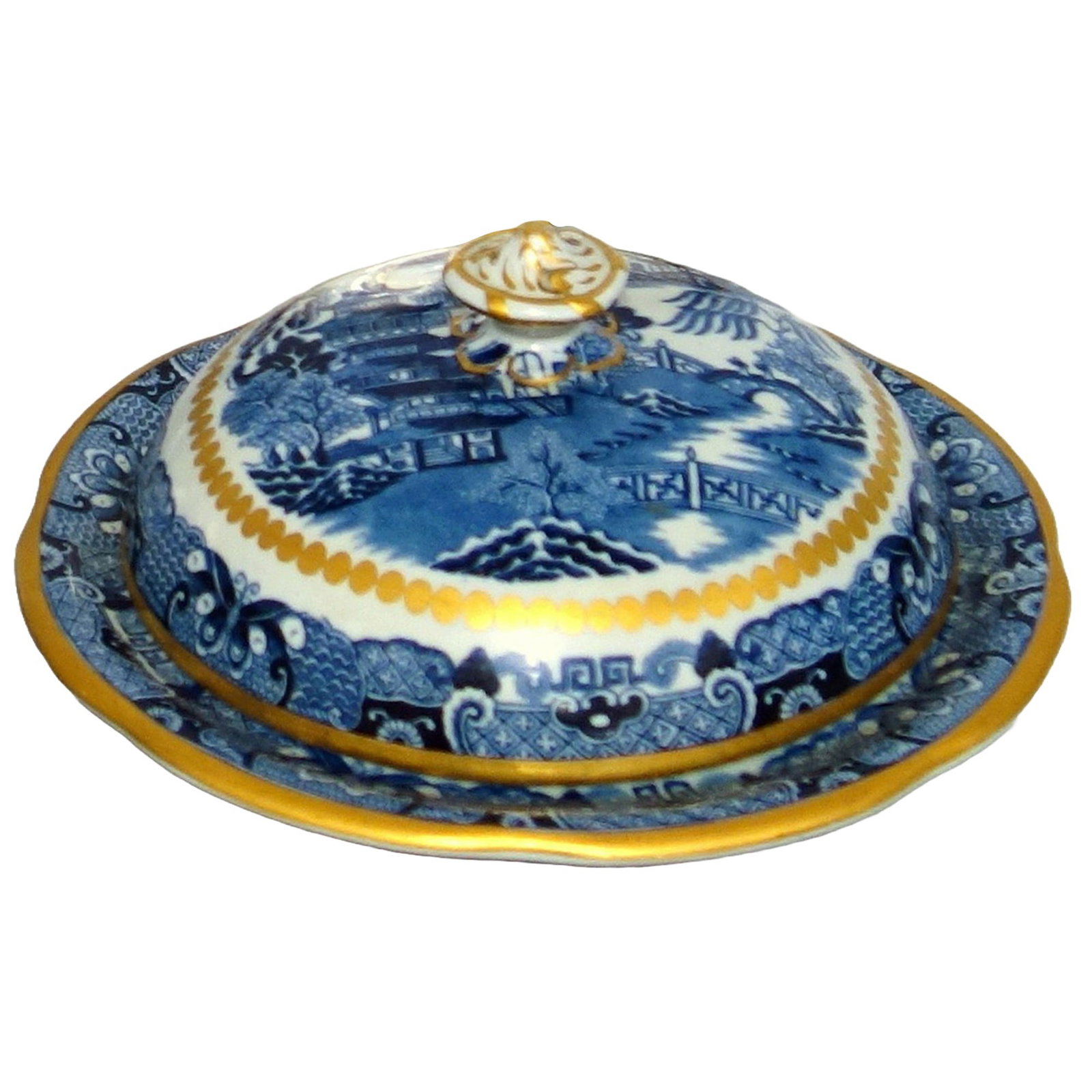 A Rare Antique Georgian Davenport Stone China B&W Pottery Muffin Dish C.1830: Title: A Rare Antique Georgian Davenport Stone China B&W Pottery Muffin Dish C.1830 Description: A superb Davenport stone china pottery muffin dish printed in medium to dark blue with the Two T