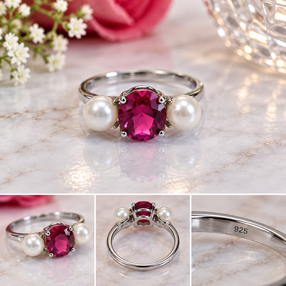 Silver Tone Ring with Red Gemstone and Pearl Accents: Title: Silver Tone Ring with Red Gemstone and Pearl Accents Description: Elegant silver tone ring featuring a round faceted red gemstone in the centre, accented by two white pearl-style beads. A