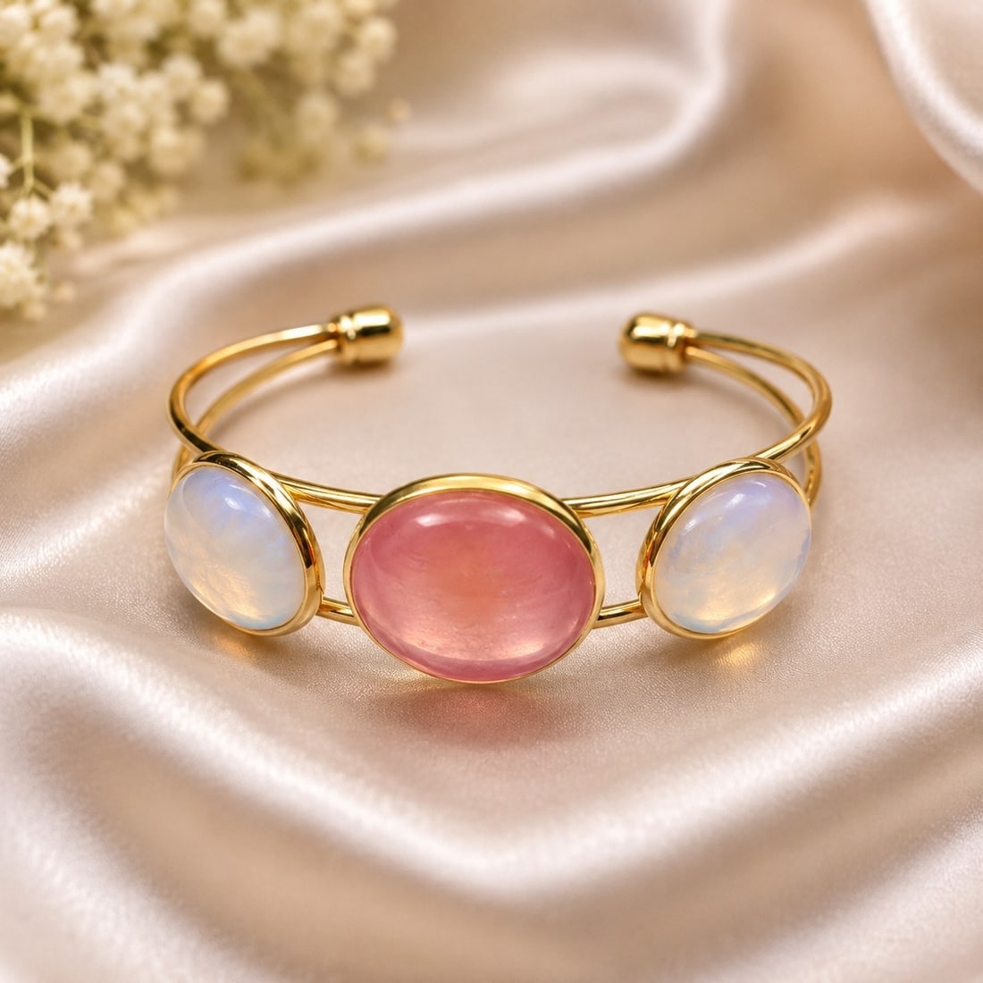 Gold-Tone Open Cuff Bracelet with Pink & Opalescent Stones: Title: Gold-Tone Open Cuff Bracelet with Pink & Opalescent Stones Description: Elegant open cuff bracelet featuring three polished oval cabochon stones, with a soft pink centre stone and two