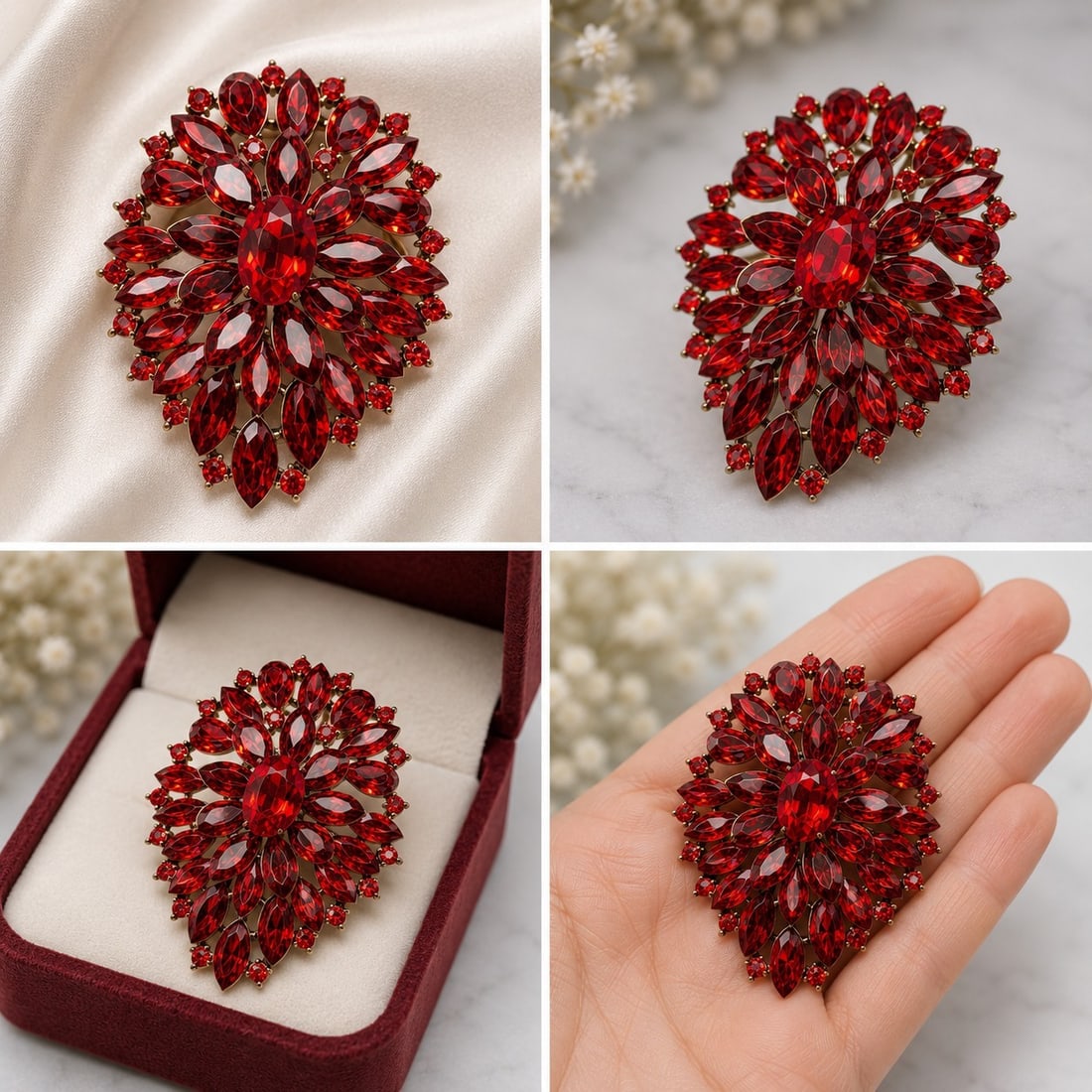 Red Crystal Floral Statement Brooch (1 of 1)