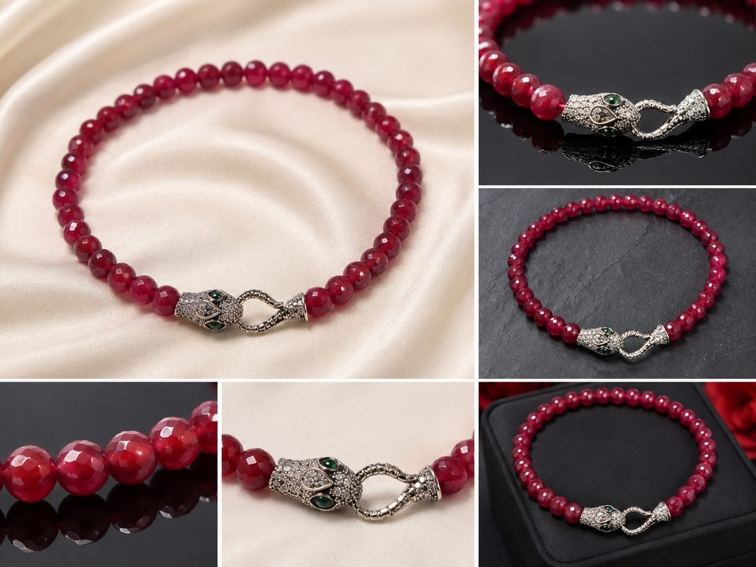 Red Faceted Beaded Necklace with Decorative Snake Clasp: Title: Red Faceted Beaded Necklace with Decorative Snake Clasp Description: Elegant necklace featuring faceted deep red beads with a beautiful polished finish. Completed with an ornate silver-tone