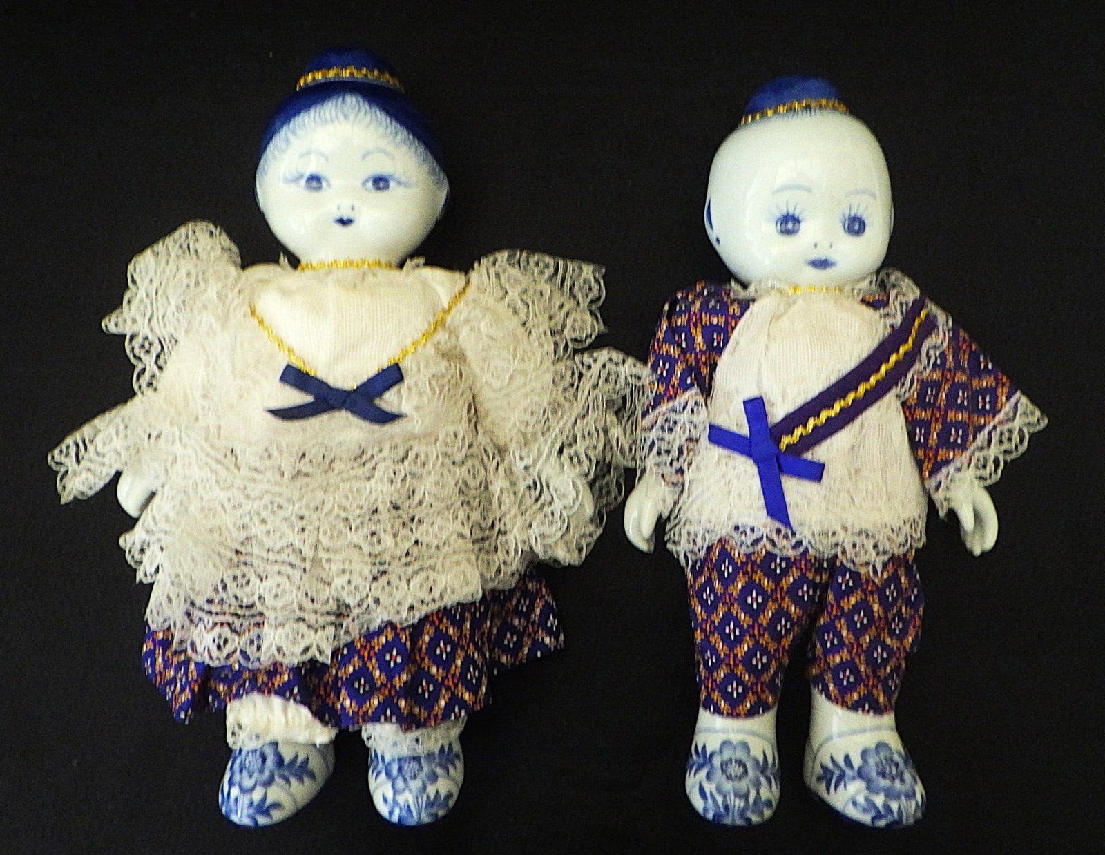 A Pair (Boy & Girl) of Vintage Chinese Dolls With Blue & White Porcelain Parts (1 of 3)