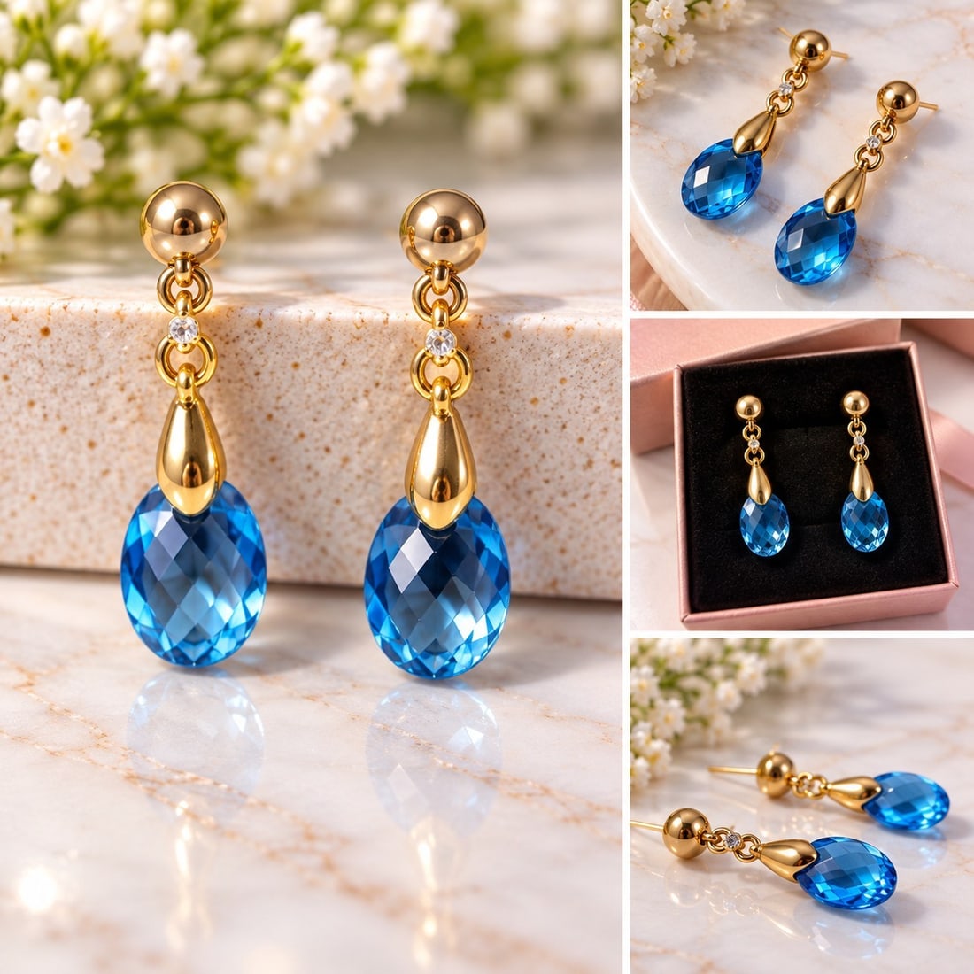 Gold Tone Drop Earrings with Blue Faceted Stones: Title: Gold Tone Drop Earrings with Blue Faceted Stones Description: Elegant pair of gold-tone drop earrings featuring faceted blue stones with a bright, sparkling finish. The classic dangling design
