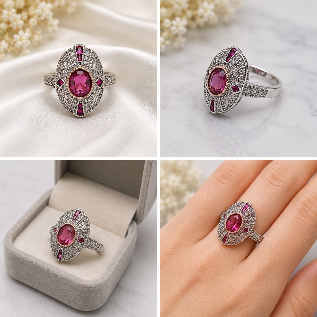 Vintage Style Pink Stone Silver-Tone Statement Ring: Title: Vintage Style Pink Stone Silver-Tone Statement Ring Description: Elegant vintage-inspired statement ring featuring a faceted oval pink centre stone surrounded by sparkling clear and pink